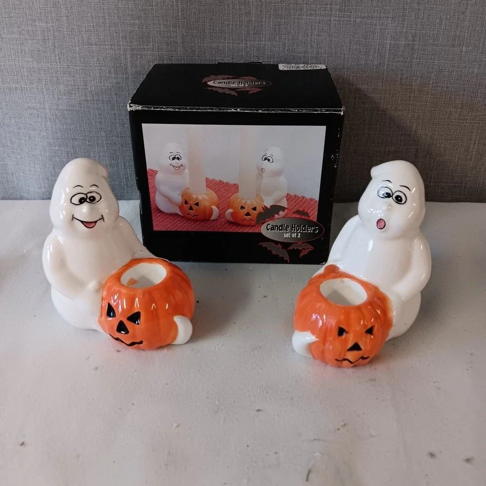 Vintage Halloween Ceramic Ghost Pumpkin Taper Candle Holders Set of 2 Decor